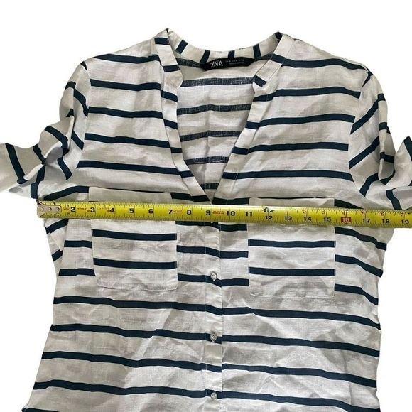 Zara Linen Navy White Stripes Button Roll Sleeves Pockets Blouse Shirt Medium - Picture 8 of 10